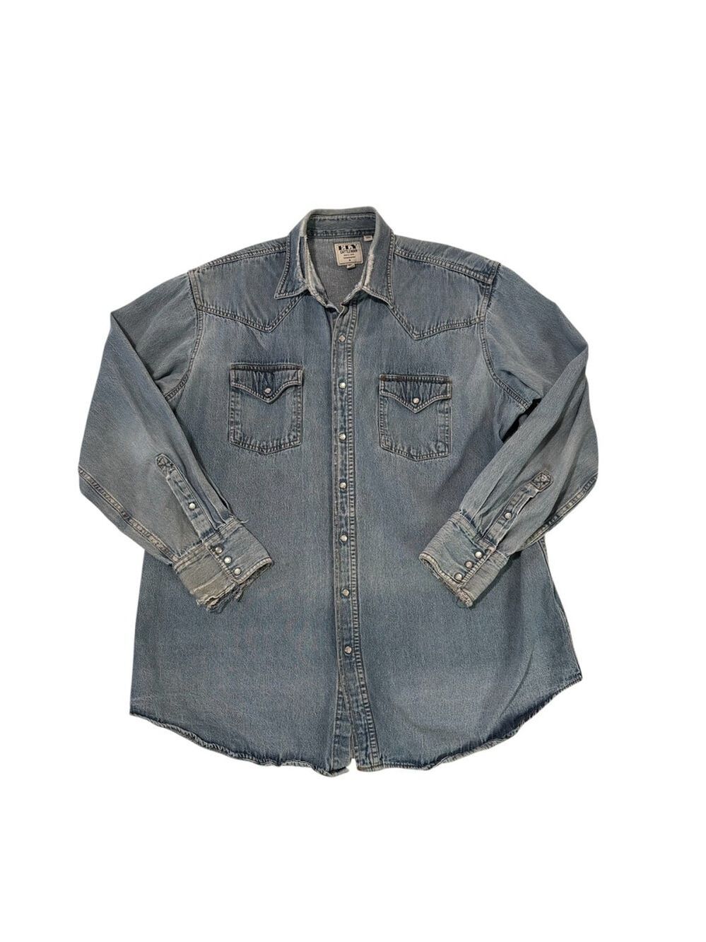 ELY Cattleman Destructed Blue Denim Shirt Mens XLT Western Cowboy Snap Buttons